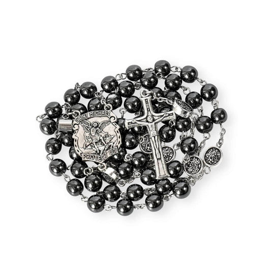St. Michael Hematite Stone Beads Rosary Lords Prayer Saint Medal & Crucifix - Nazareth Store