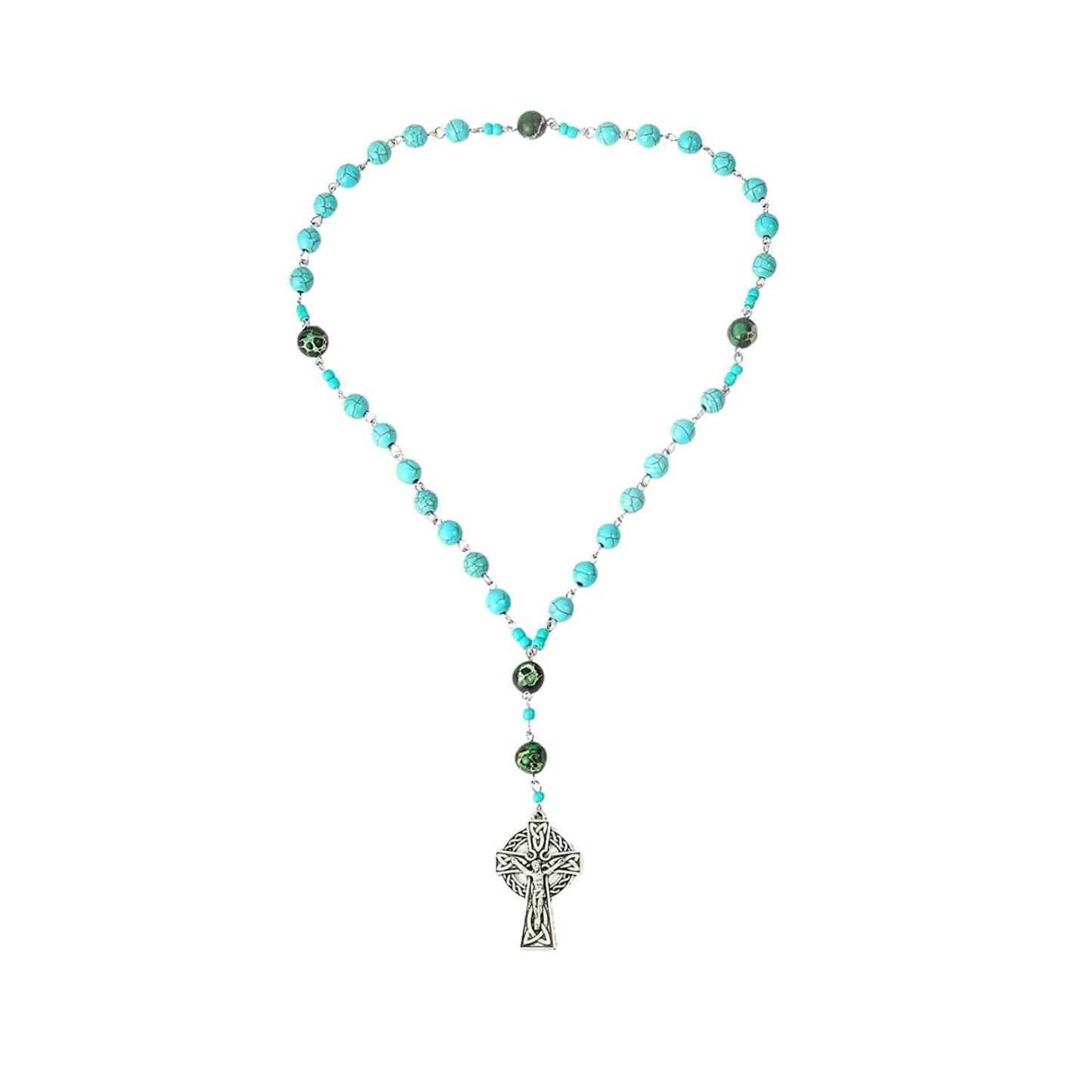 Turquoise Gemstone Beads Rosary Metal Beaded Prayer Rosary Celtic Cross Crucifix - Nazareth Store