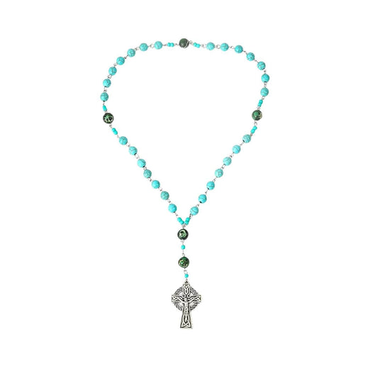 Turquoise Gemstone Beads Rosary Metal Beaded Prayer Rosary Celtic Cross Crucifix - Nazareth Store