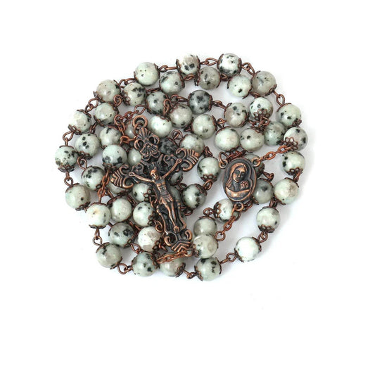 Dalmatian Jasper Natural Stone Rosary Beads Necklace Holy Soil & Cross - Nazareth Store