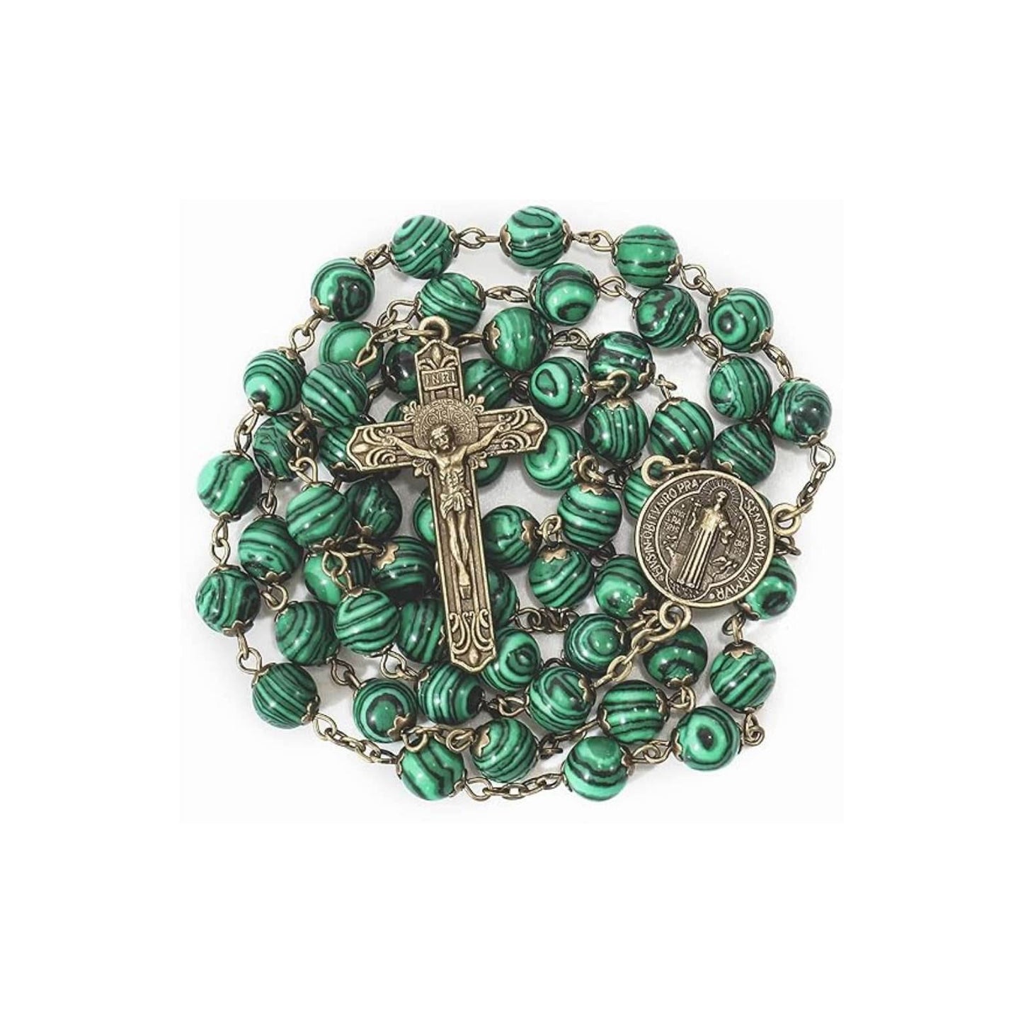St. Benedict Malachite Antique Bronze Rosary Necklace Cross and Medal - Nazareth Store