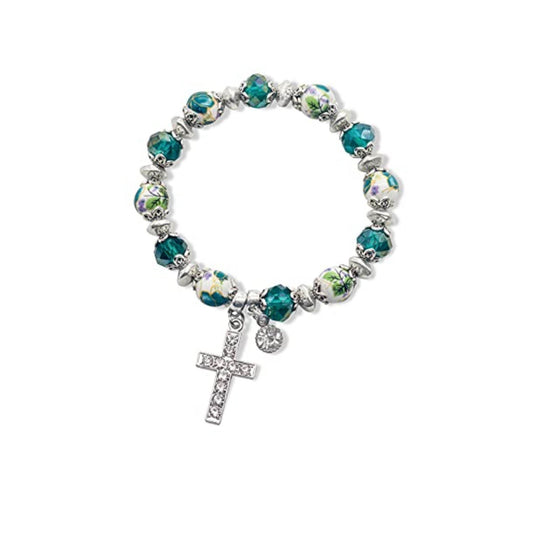 Green Crystals Cross Bracelet Christian Classic Beaded Bangle - Nazareth Store