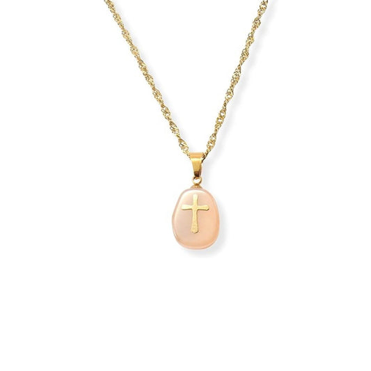 Stainless Steel Christian Clavicle Chain Necklace & Natural White Moonstone Cross Pendant - Nazareth Store