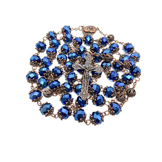 Deep Blue Crystallized Beads Rosary Handmade Prayer Necklace