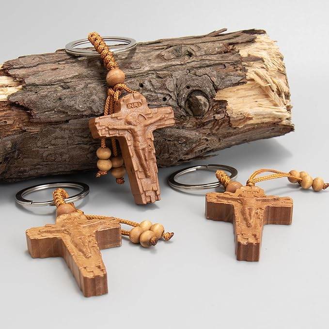 3pcs Wooden Crucifix Keychain Set Hand-Carved Peach Wood with Beaded Rope - Nazareth Store - Retail