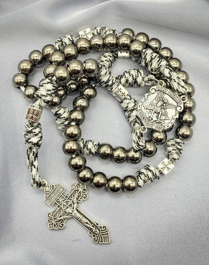 Black Beads Paracord Rosary 21"  Necklace St Michael Medal Resin Rugged Chaplet 