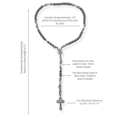 Black Beads Paracord Rosary 21"  Necklace St Michael Medal Resin Rugged Chaplet 