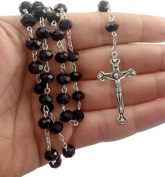 Black Crystal Beads Rosary Necklace Holy Soil Medal & Crucifix