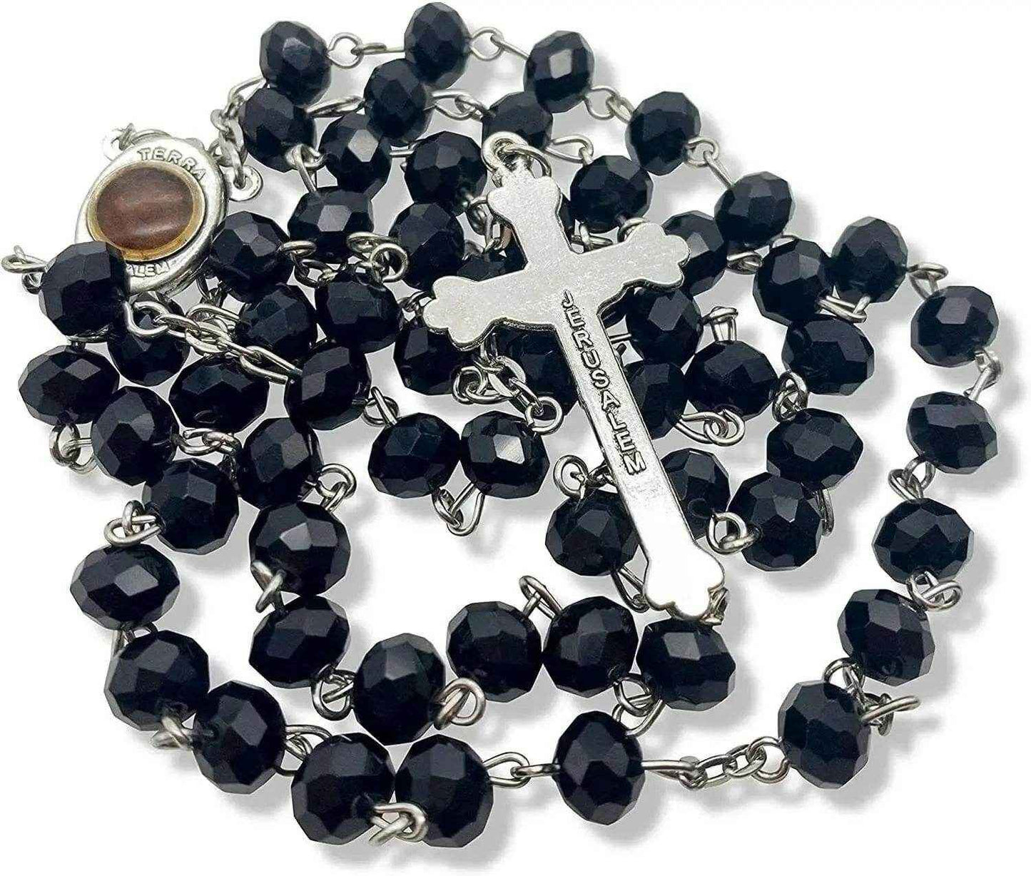Black Crystal Beads Rosary Necklace Holy Soil Medal & Crucifix