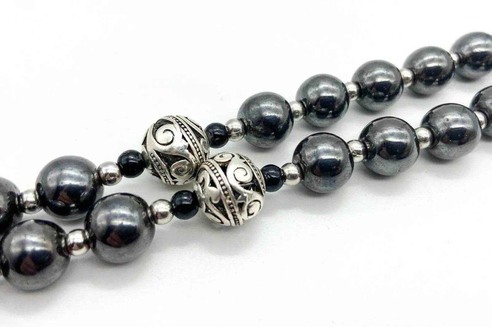 Black Hematite Beads Rosary Necklace Natural Stones & Metal Beaded Miraculous Medal