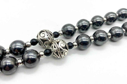 Black Hematite Beads Rosary Necklace Natural Stones & Metal Beaded Miraculous Medal