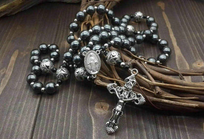 Black Hematite Beads Rosary Necklace Natural Stones & Metal Beaded Miraculous Medal