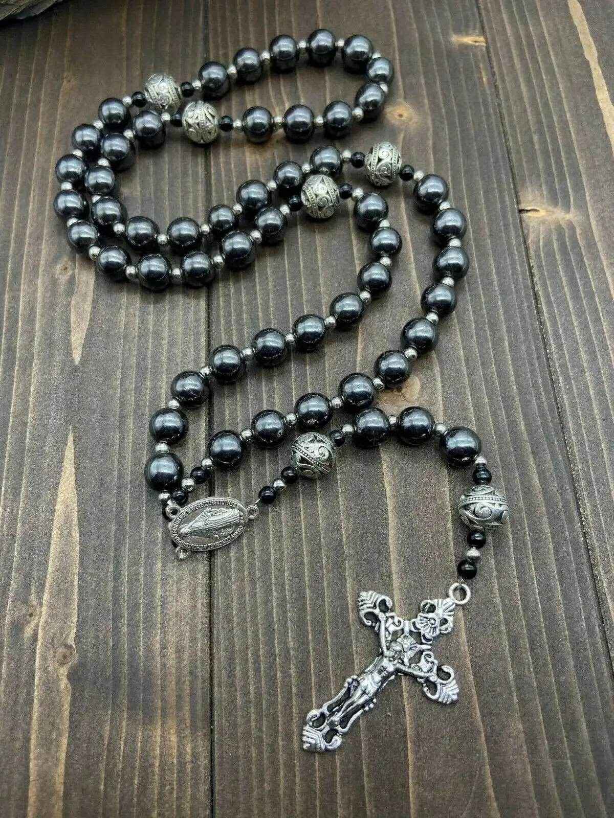 Black Hematite Beads Rosary Necklace Natural Stones & Metal Beaded Miraculous Medal