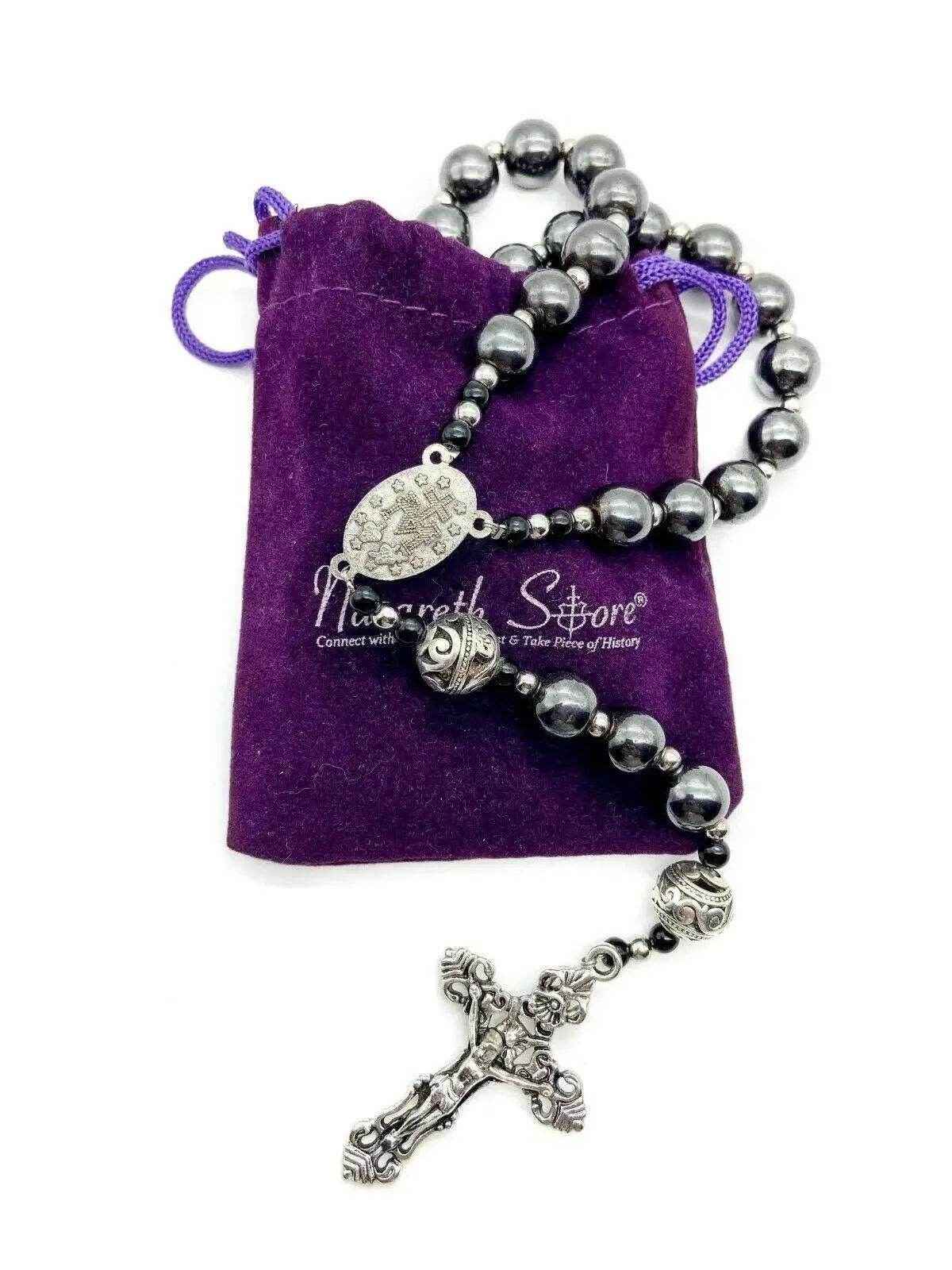 Black Hematite Beads Rosary Necklace Natural Stones & Metal Beaded Miraculous Medal