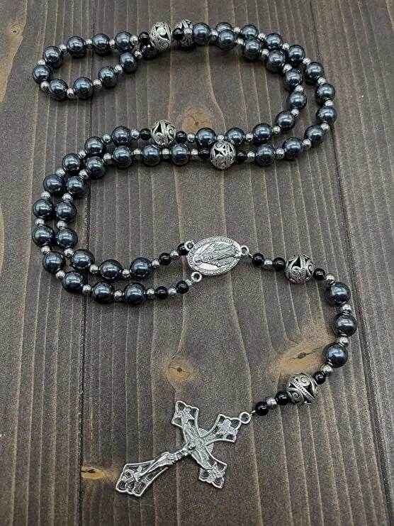 Hematite Rosary Necklace Handmade Chaplet Metal Glory Beads & Miraculous Medal