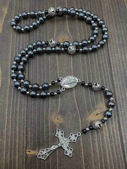 Hematite Rosary Necklace Handmade Chaplet Metal Glory Beads & Miraculous Medal