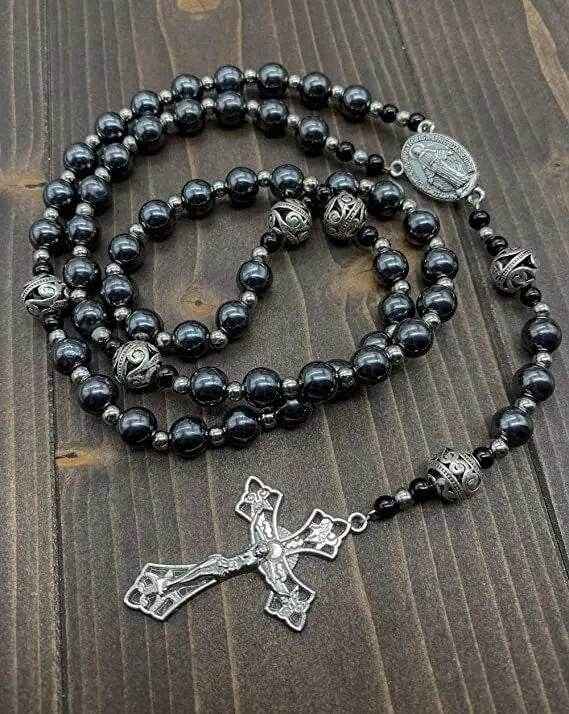 Hematite Rosary Necklace Handmade Chaplet Metal Glory Beads & Miraculous Medal