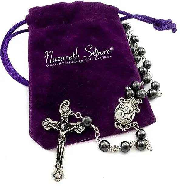 Black Hematite Rosary Necklace Natural Stone Beads Chaplet  Velvet Bag