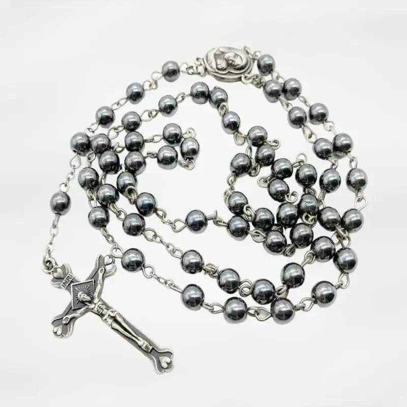Black Hematite Rosary Necklace Natural Stone Beads Chaplet  Velvet Bag