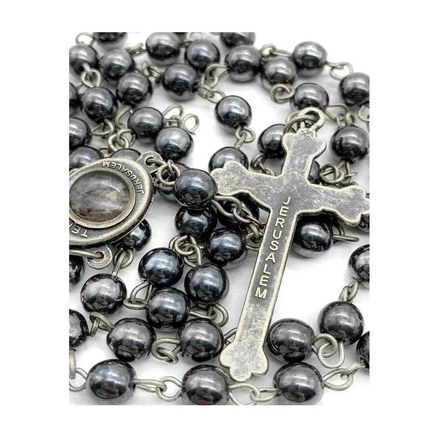 Black Hematite Rosary Necklace Natural Stone Beads Chaplet  Velvet Bag