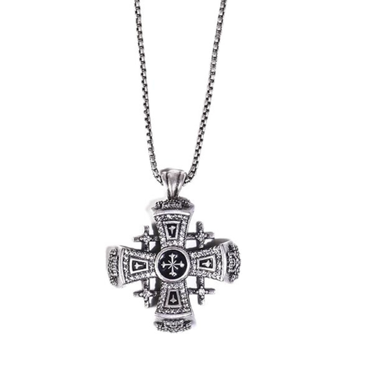 Jerusalem Cross Necklace Black Enamel Stainless Steel Pendant