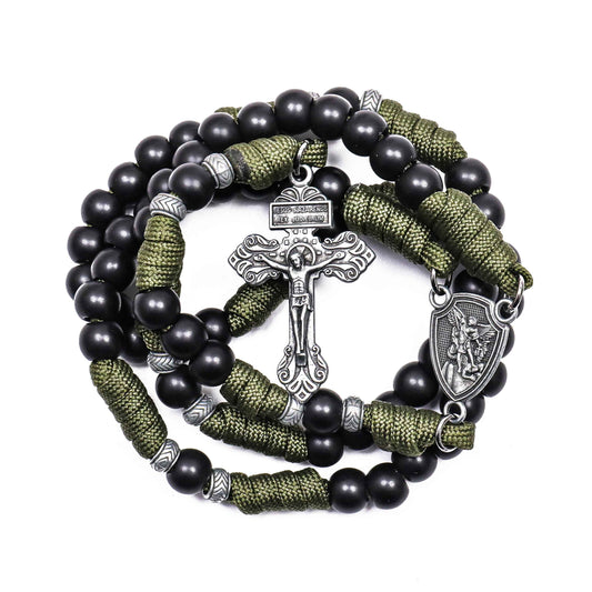 Black Beaded Olive Green Paracord Catholic Rosary Necklace with St. Michael Crucifix