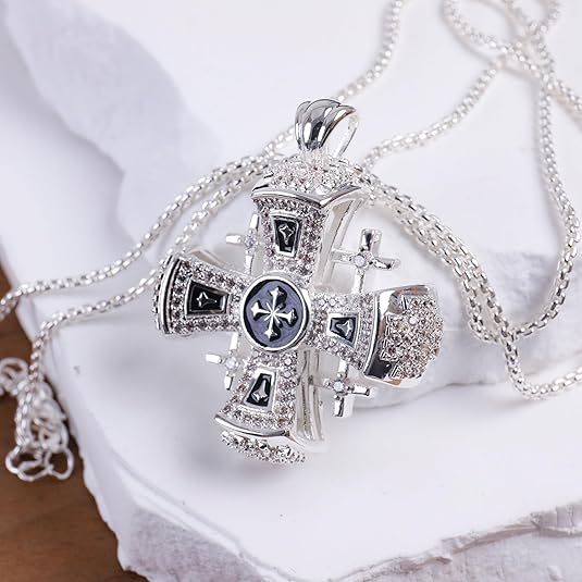 Jerusalem Cross Necklace Black Enamel Silver Plated Pendant