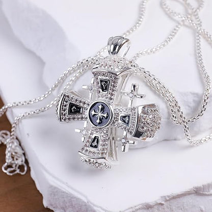 Jerusalem Cross Necklace Black Enamel Silver Plated Pendant
