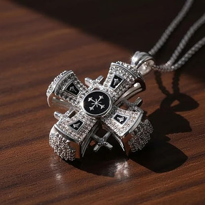 Jerusalem Cross Necklace Black Enamel Silver Plated Pendant