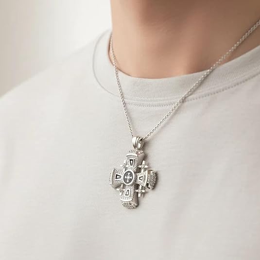 Jerusalem Cross Necklace Black Enamel Silver Plated Pendant