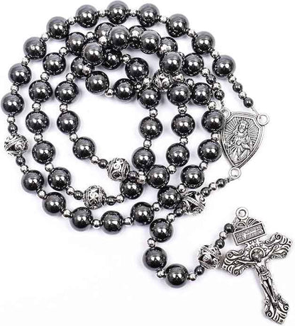 Black Stone Hematite Rosary Necklace Metal Beaded with Our Father Medal & Cross