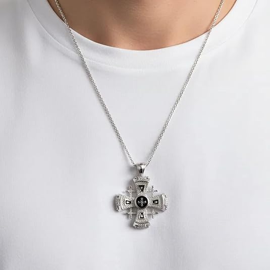 Jerusalem Cross Necklace Black Enamel Silver Plated Pendant