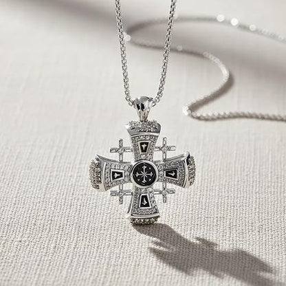 Jerusalem Cross Necklace Black Enamel Silver Plated Pendant