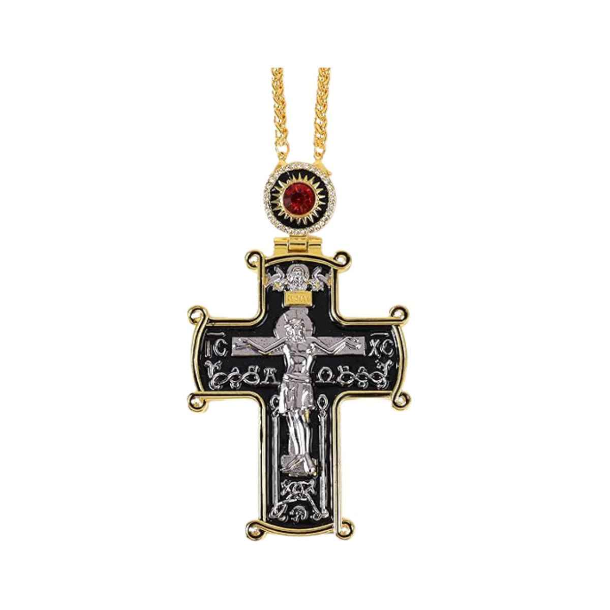 18K Gold Plated Black Pectoral Cross Pendant Red Stone Crucifix Necklace