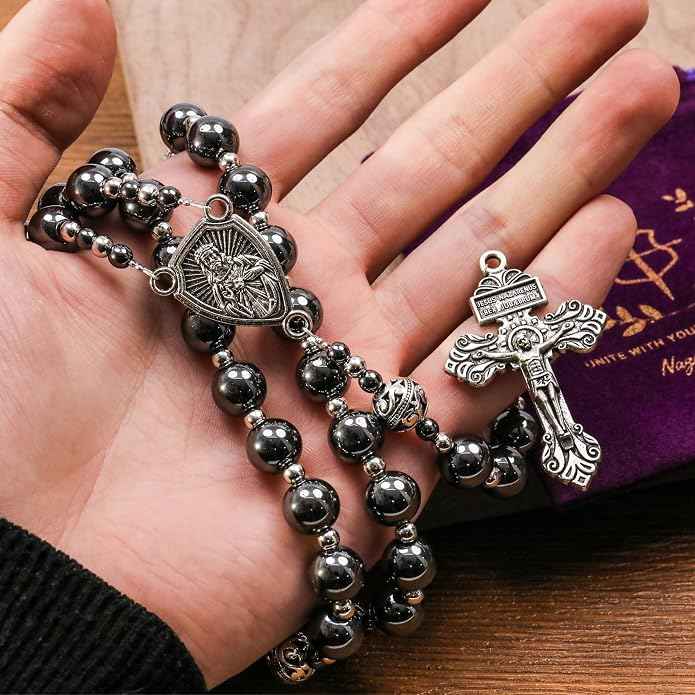 Black Stone Hematite Rosary Necklace Metal Beaded with Our Father Medal & Cross