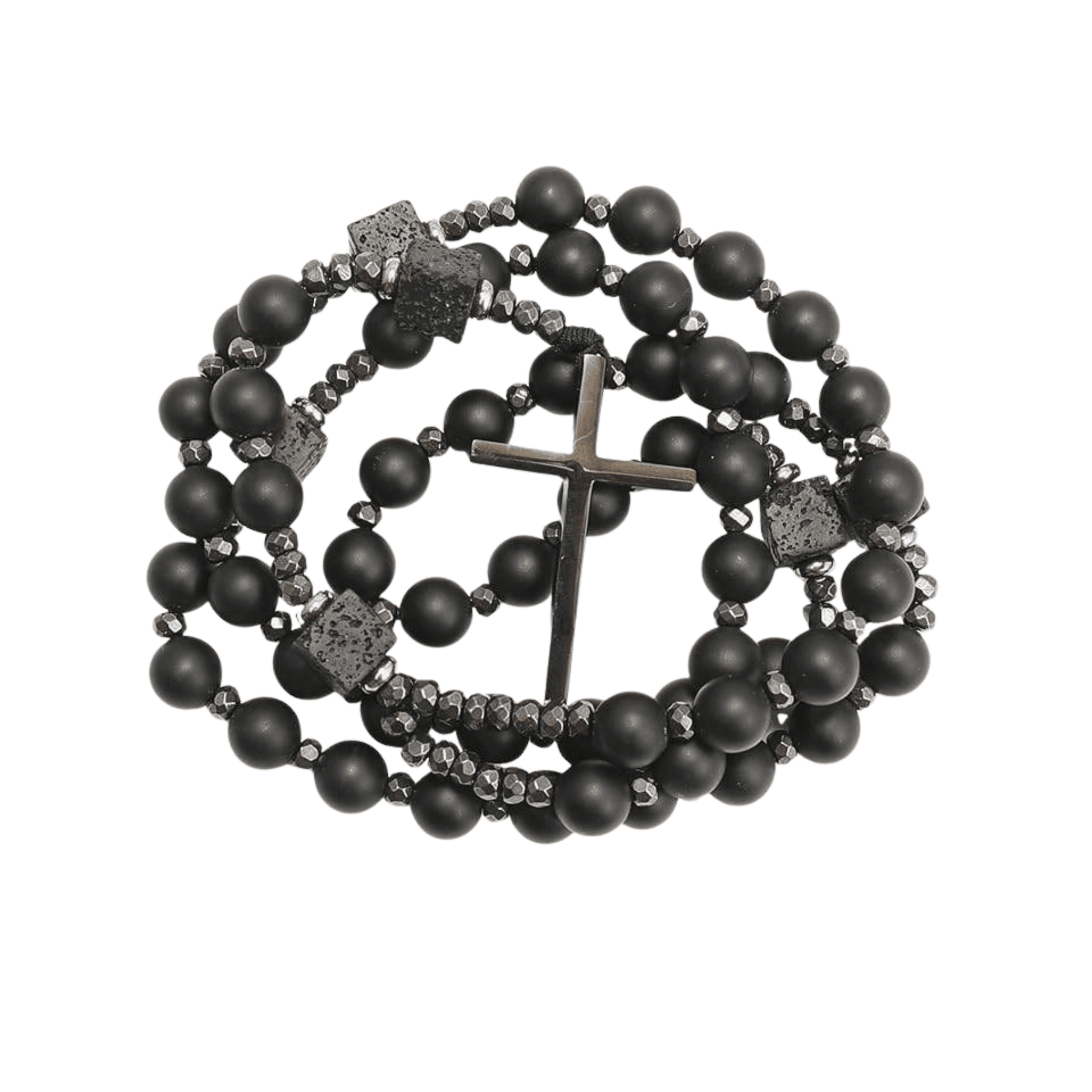 Black Tiger Eye & Lava Stone 9mm Beads Rosary Necklace with Black Alloy Cross - Nazareth Store