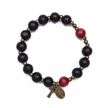 Black Wooden Bead Rosary Bracelet with Antique Bronze Miraculous Medal & Cross