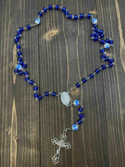 Blue Glass Rosary White Flowers Beads Catholic Miraculous Medal & Cross