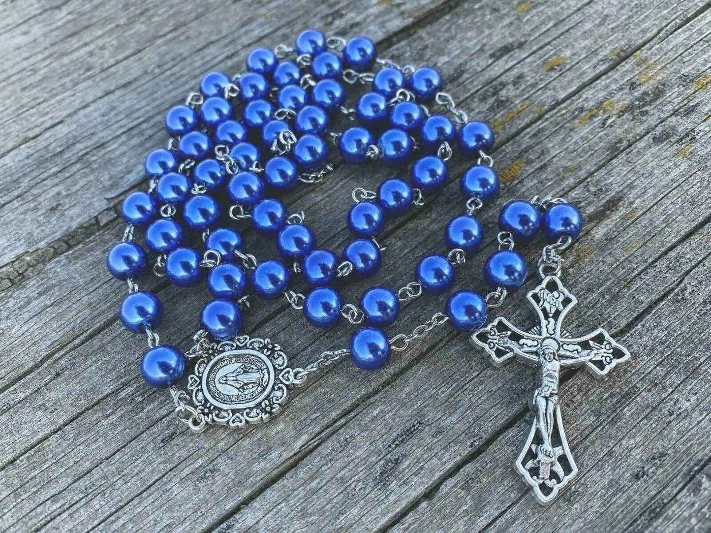 Blue Pearl Beads Rosary Necklace Catholic Miraculous Medal & Cross