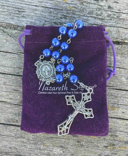 Blue Pearl Beads Rosary Necklace Catholic Miraculous Medal & Cross