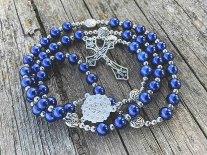 Blue Pearl Beads Wired Rosary Necklace Miraculous Medal & Cross Crucifix