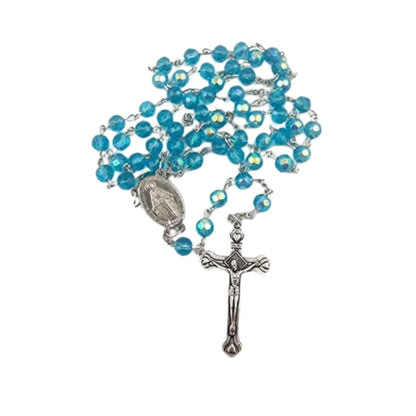 Light Blue Aquamarine Rosary Necklace with Miraculous Medal & Jesus Cross
