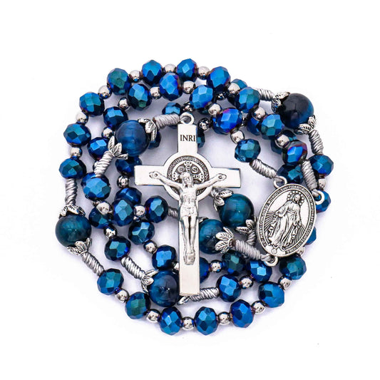 Blue Crystal Rosary Necklace with Tiger Eye Mystery Beads Miraculous Medal & INRI Crucifix