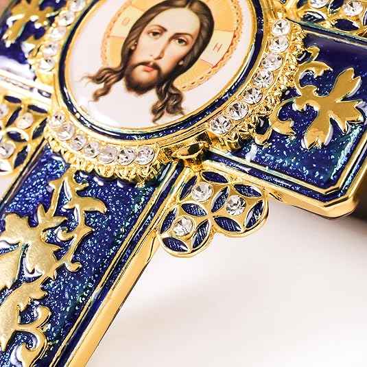 Gold Plated Blue Enamel Cross Pendant Zircon Crucifix Necklace