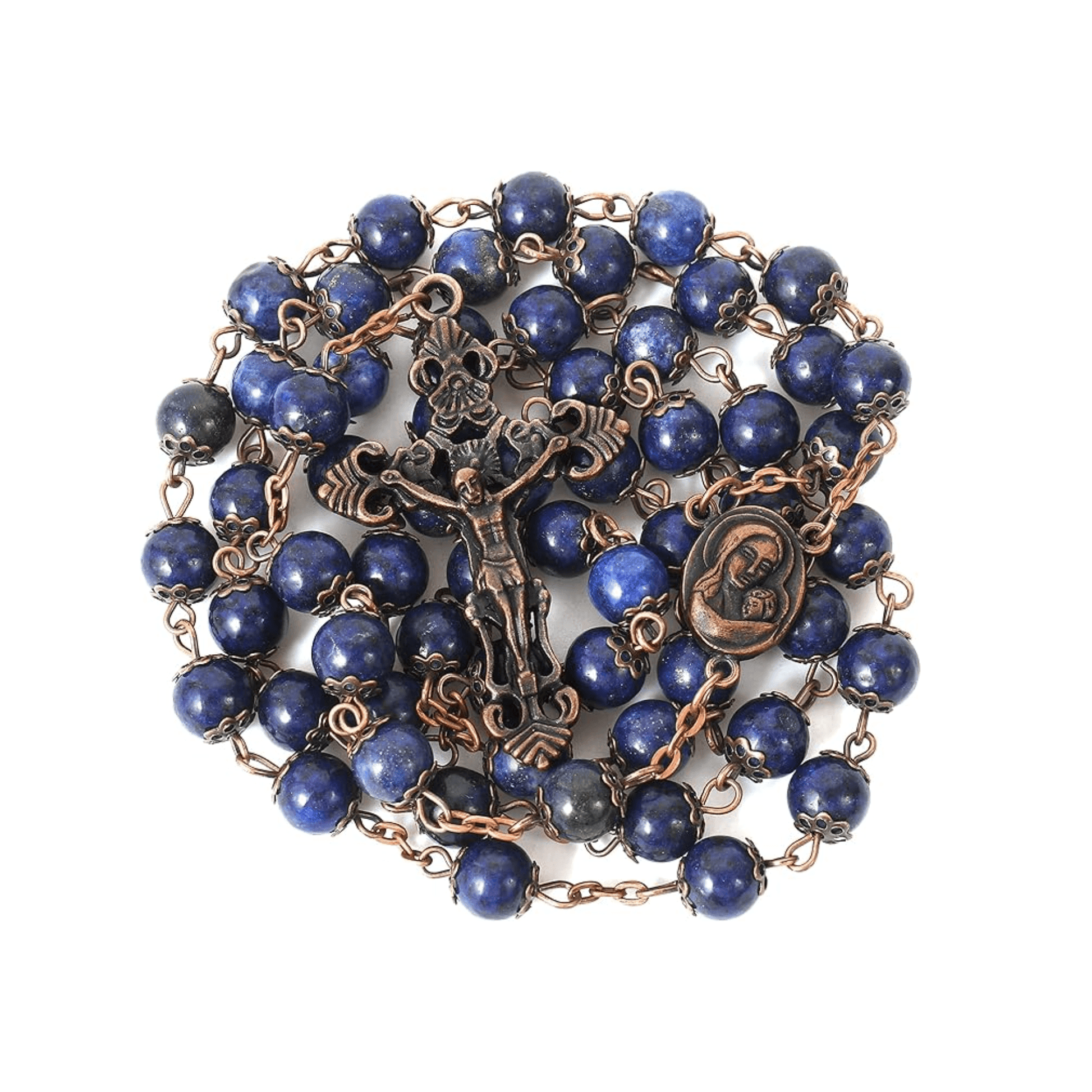 Blue Lapis Lazuli Natural Stone Rosary Beads Necklace Holy Soil & Cross - Nazareth Store