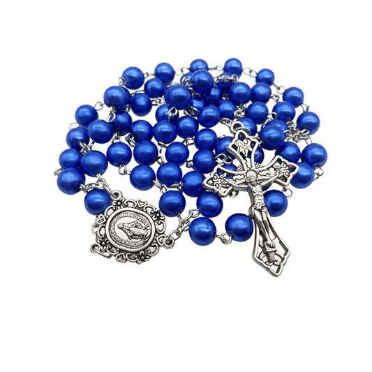 Blue Pearl Beads Rosary Necklace Catholic Miraculous Medal & Cross