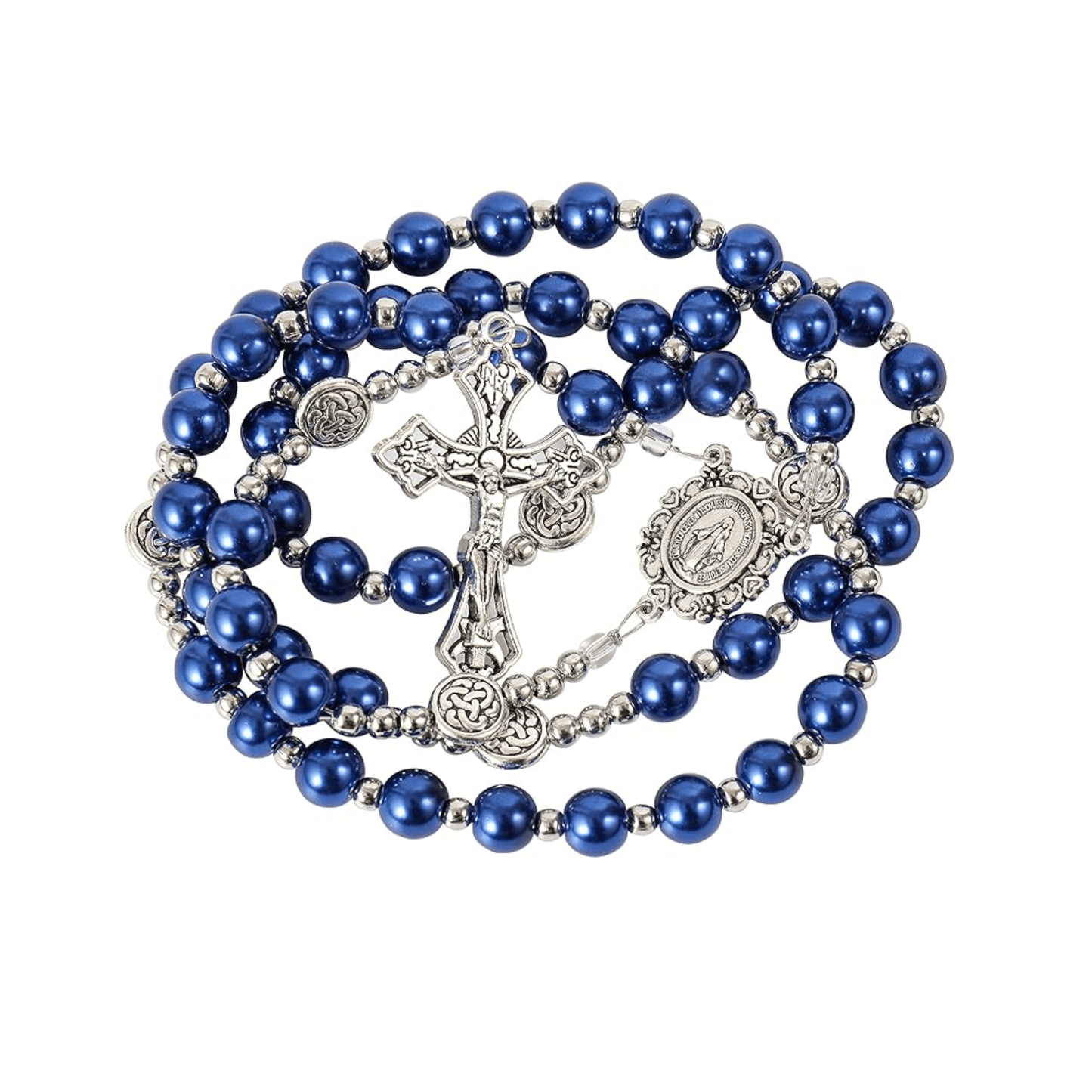 Blue Pearl Beads Wired Rosary Necklace Miraculous Medal & Cross Crucifix