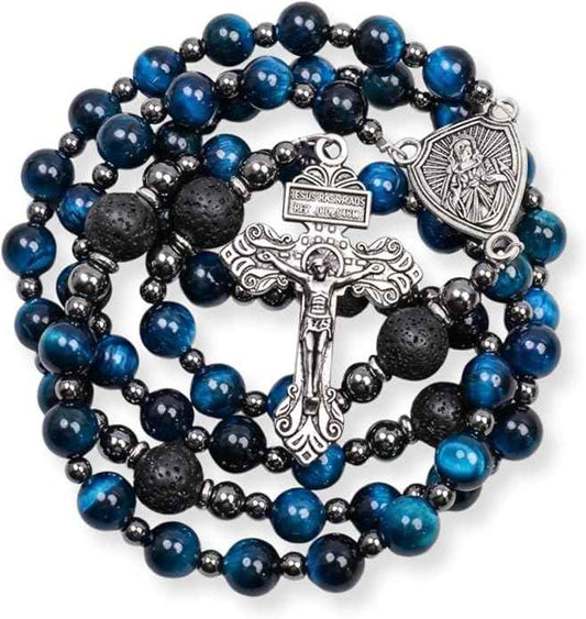 Blue Tiger Eye Rosary Necklace Lava Stone Prayer Beads with Our Father Medal & Crucifix