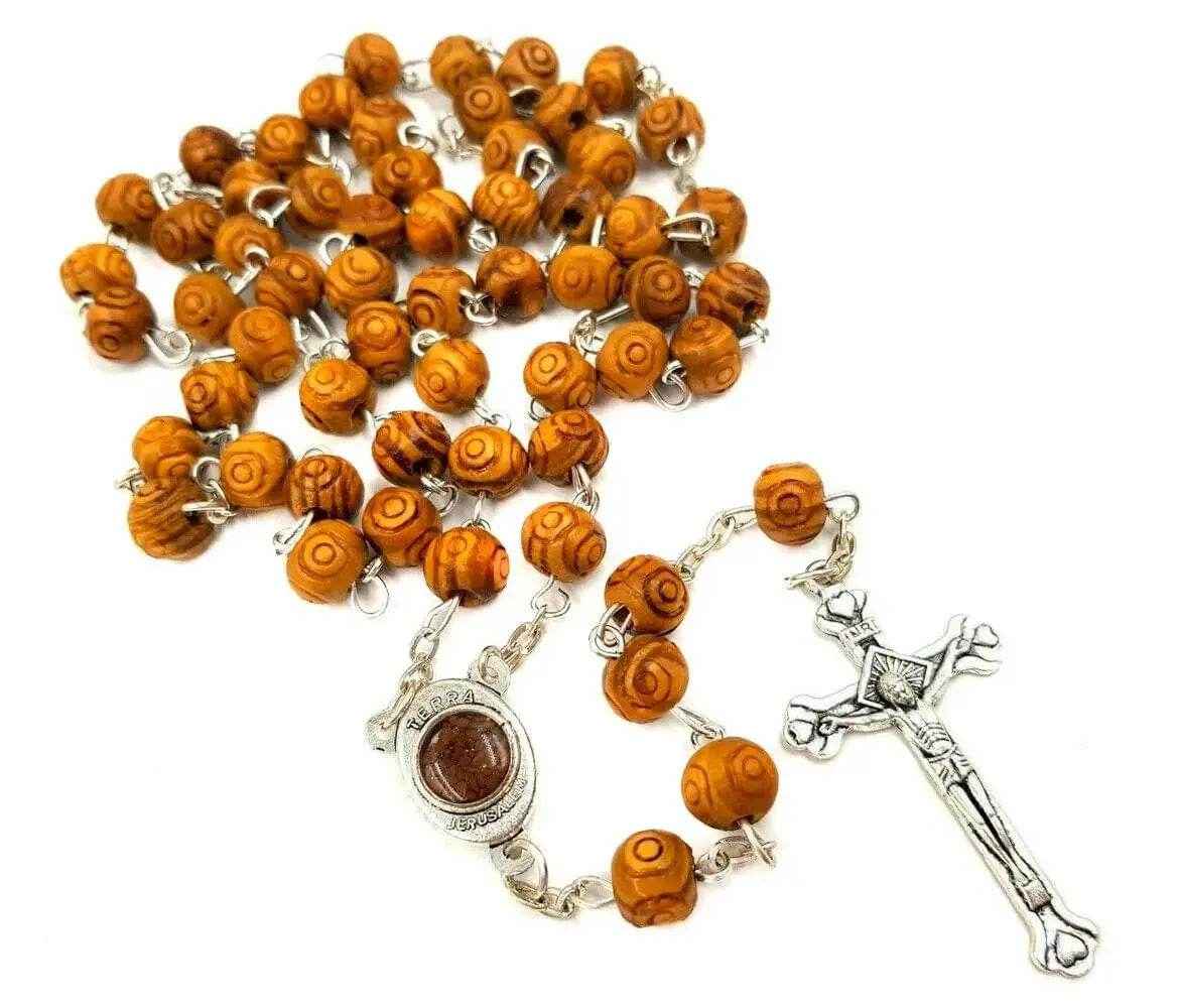 Carved Olive Wood Beads Rosary Necklace Holy Soil Medal