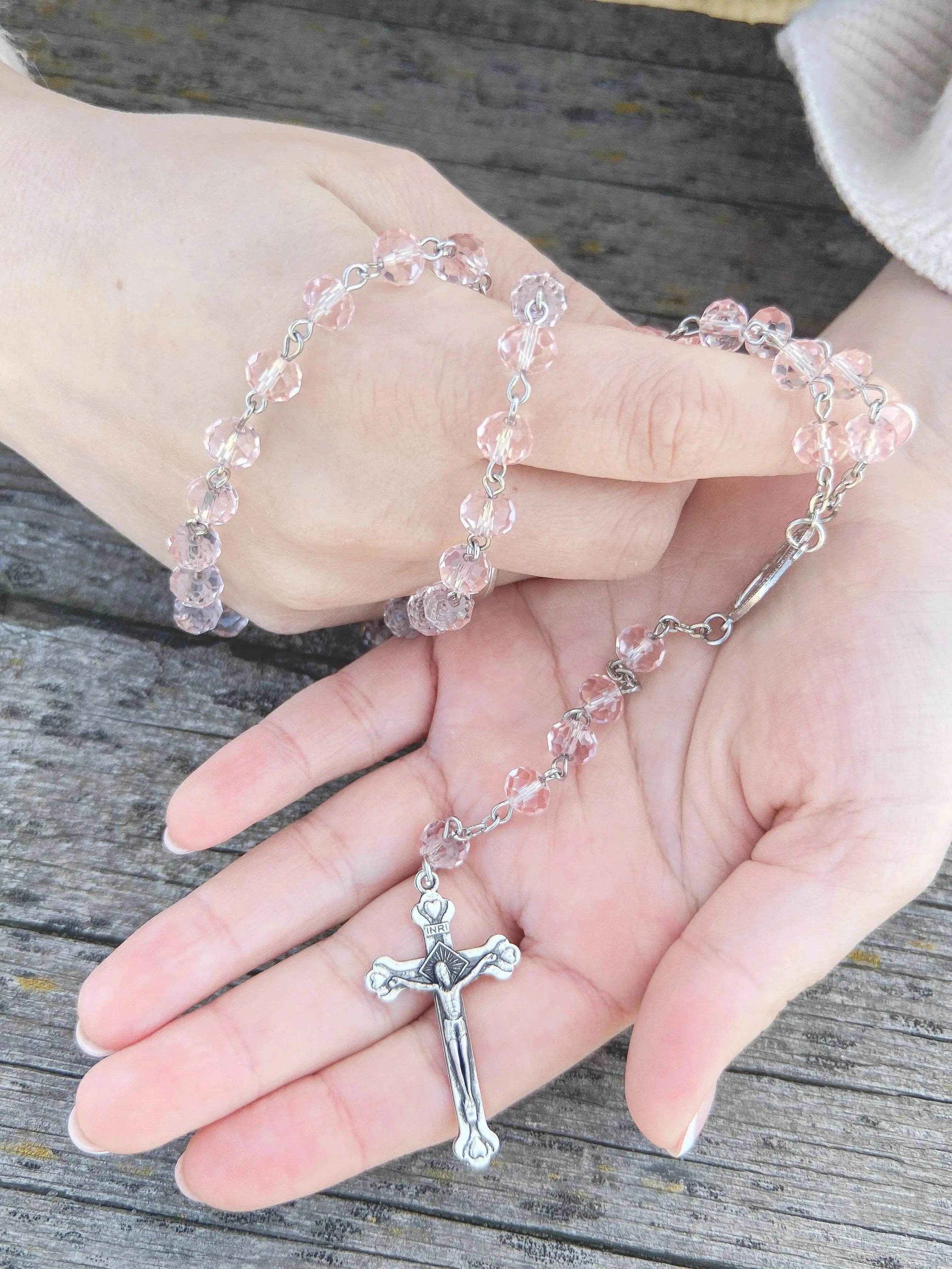 Catholic Pink Crystal Beads Rosary Necklace Miraculous Medal